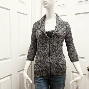 DKNY Jeans Cable Knit Zip Cardigan Gray Shawl Collar Size S